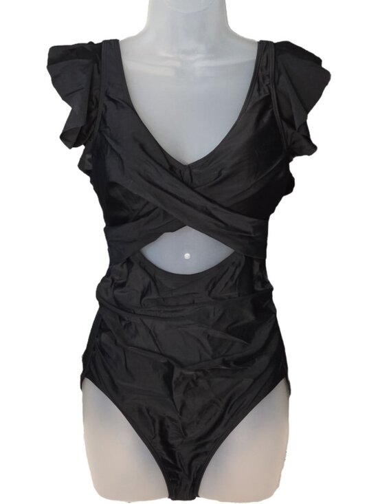 B2Prity Other - Womens Ruffle Sleeve One-Piece Swimsuit M Black Cut-Out Tummy Control Lined